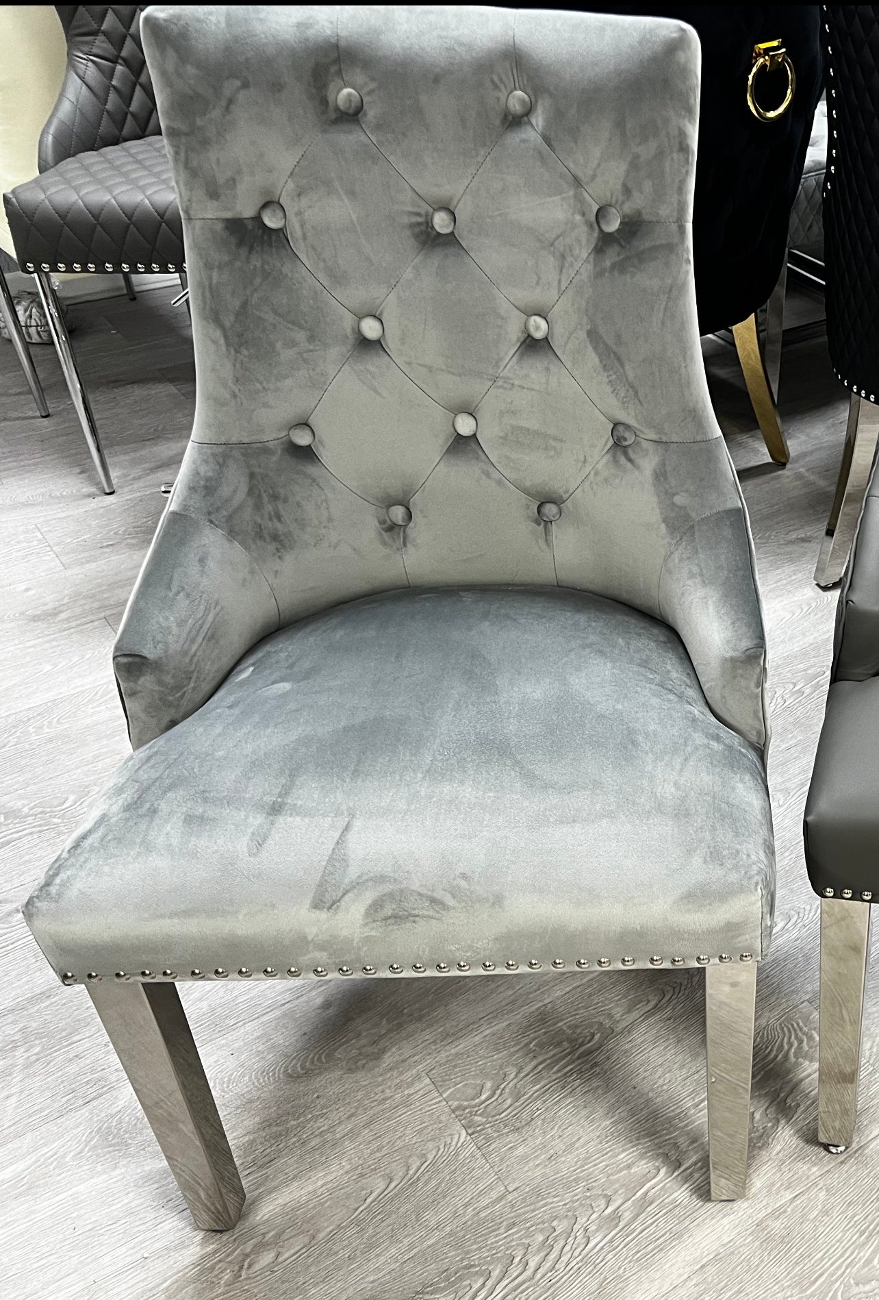Chelsea Lion Knocker Quilted Tufted Light Grey Plush Velvet Dining Chair Chrome Legs