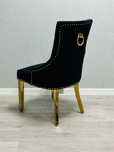 Louis Gold Black Marble Dining Table With Black/Gold Ring Quilted Knocker Dining Chairs