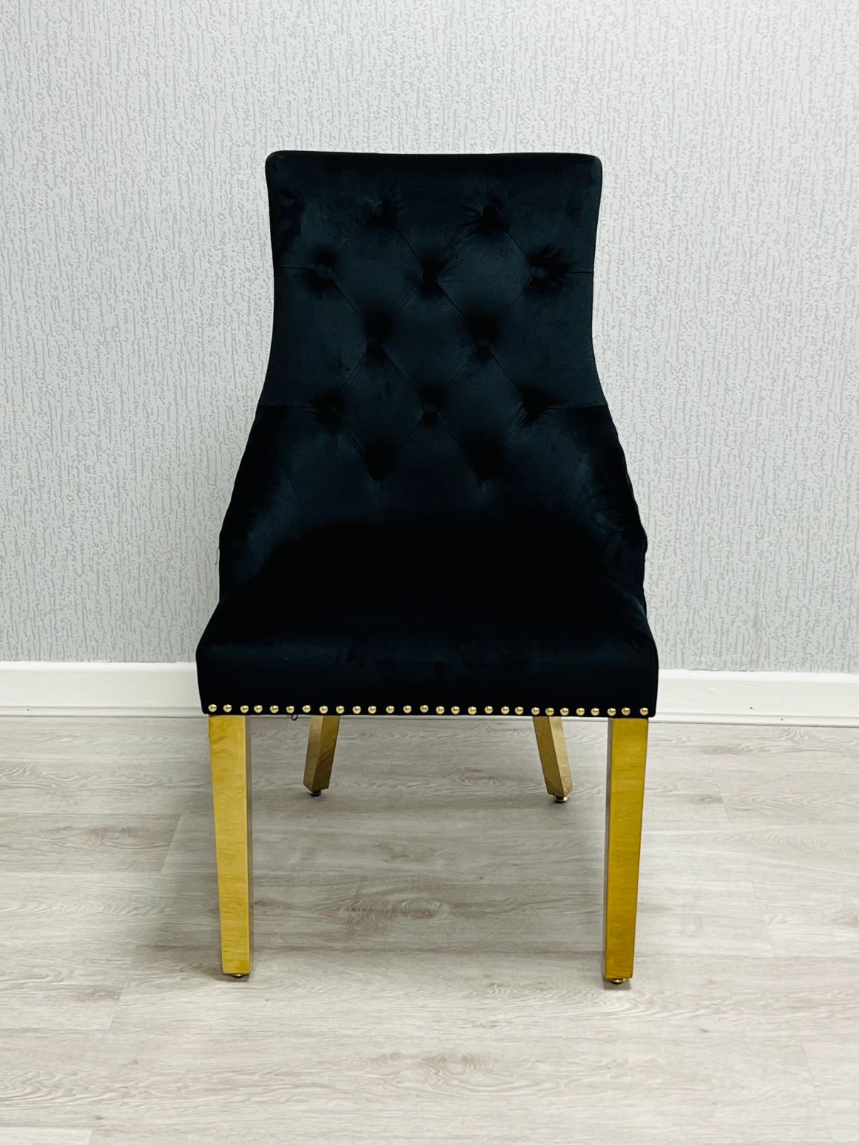 Louis Gold Black Marble Dining Table With Black/Gold Ring Quilted Knocker Dining Chairs