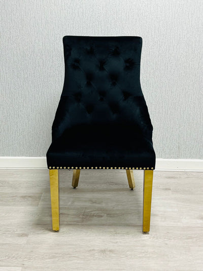 Louis Gold Black Marble Dining Table With Black/Gold Ring Quilted Knocker Dining Chairs