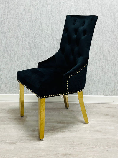 Louis Gold Black Marble Dining Table With Black/Gold Ring Quilted Knocker Dining Chairs