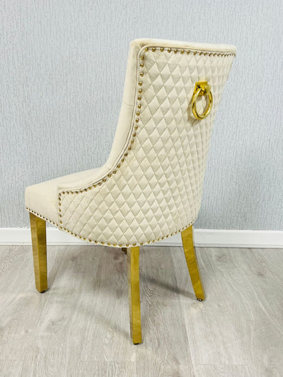 Louis Gold Cream Marble Dining Table With Gold Ring Knocker Velvet Dining Chairs