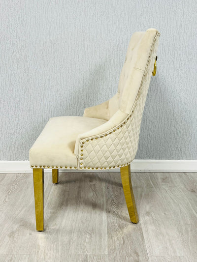 Louis Gold Cream Marble Dining Table With Gold Ring Knocker Velvet Dining Chairs