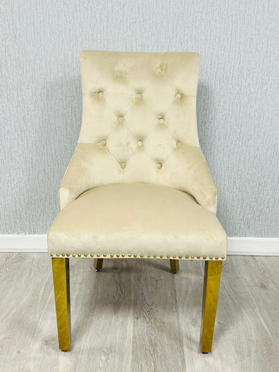 Louis Gold Cream Marble Dining Table With Gold Ring Knocker Velvet Dining Chairs