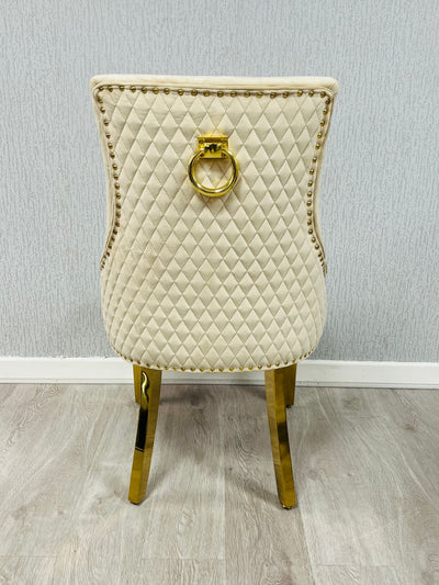 Louis Gold Cream Marble Dining Table With Gold Ring Knocker Velvet Dining Chairs