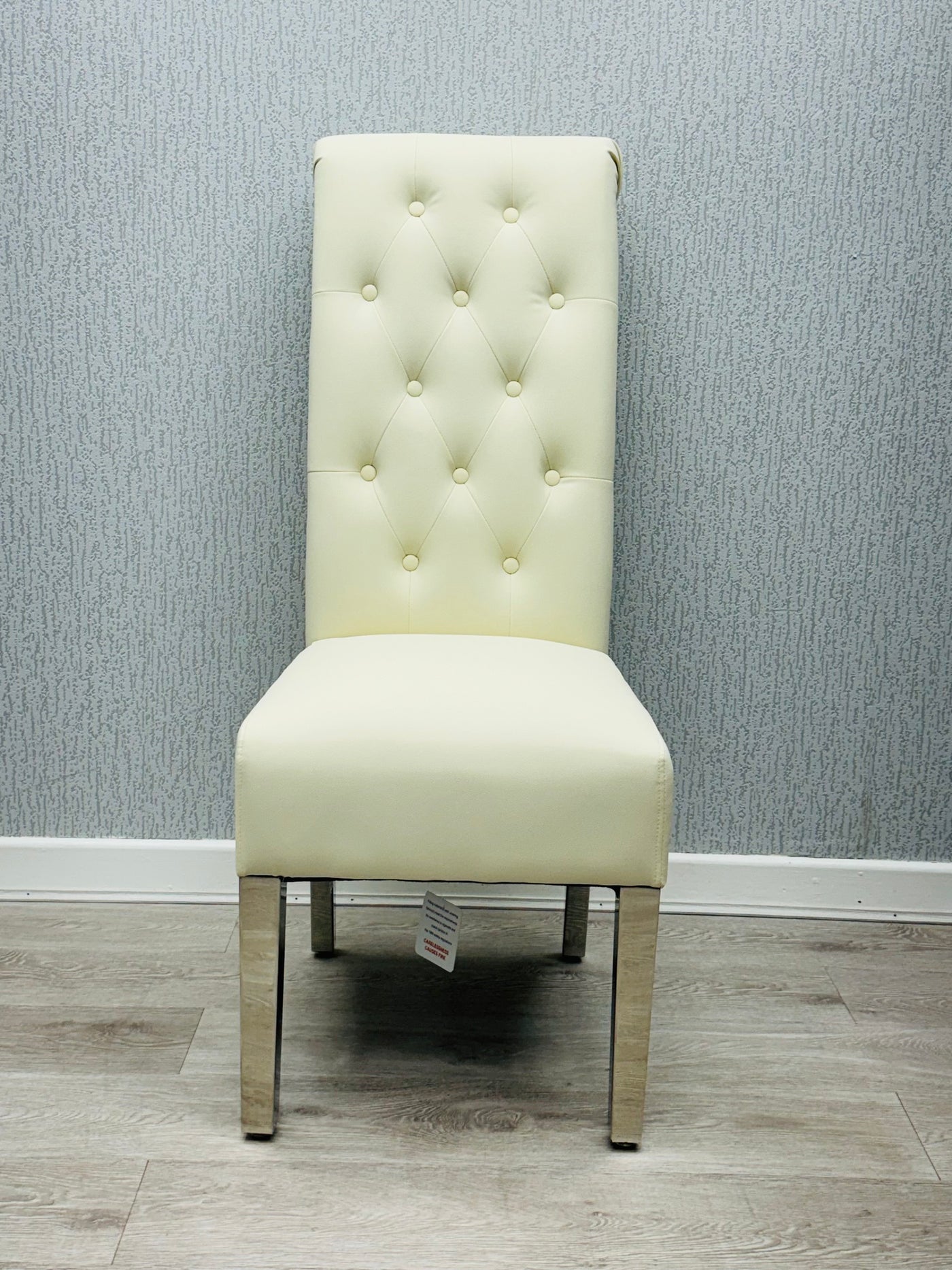 Lucy PU Lion Knocker Quilted Emma Slim Cream White Leather Dining Chair Chrome Legs