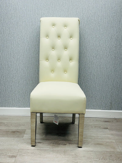 Lucy PU Lion Knocker Quilted Emma Slim Cream White Leather Dining Chair Chrome Legs