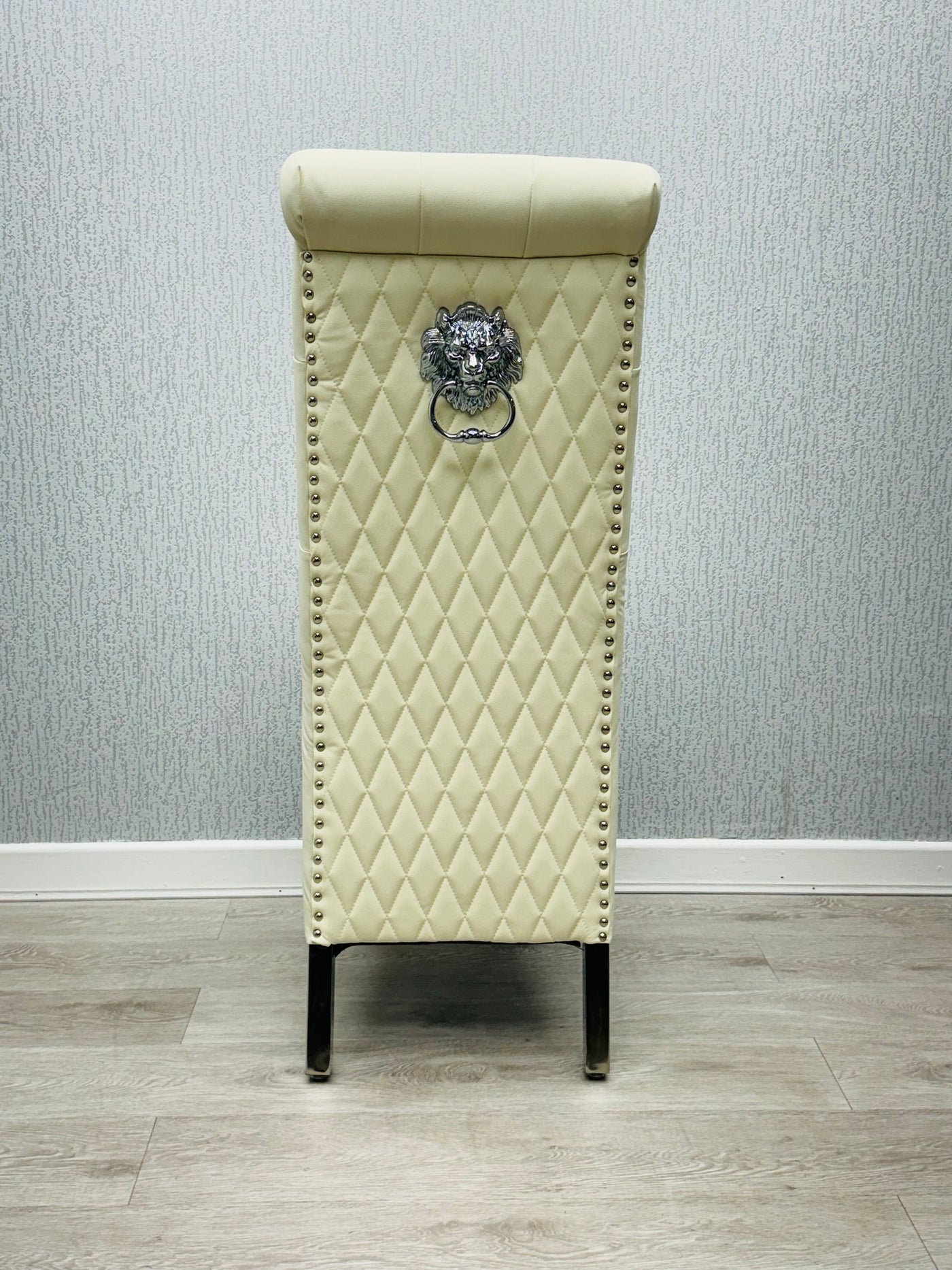 Lucy PU Lion Knocker Quilted Emma Slim Cream White Leather Dining Chair Chrome Legs