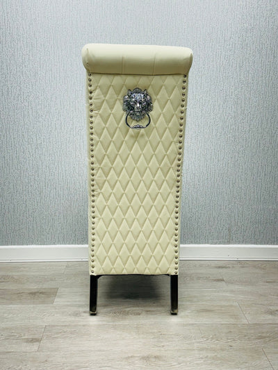 Lucy PU Lion Knocker Quilted Emma Slim Cream White Leather Dining Chair Chrome Legs