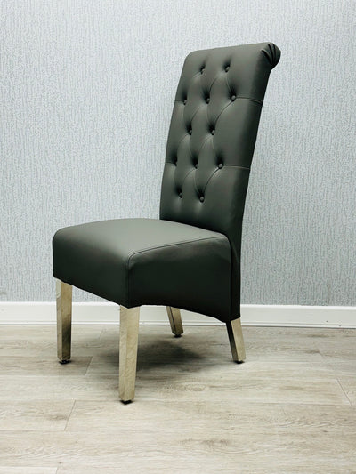 Lucy PU Lion Knocker Quilted Emma Slim Grey Leather Dining Chair Chrome Legs