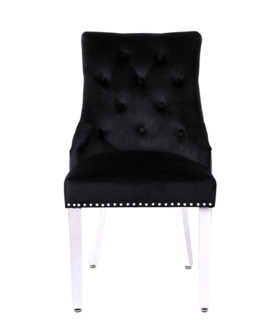 Elina Marble & Chrome Dining Table With Chrome Ring Knocker Velvet Chairs