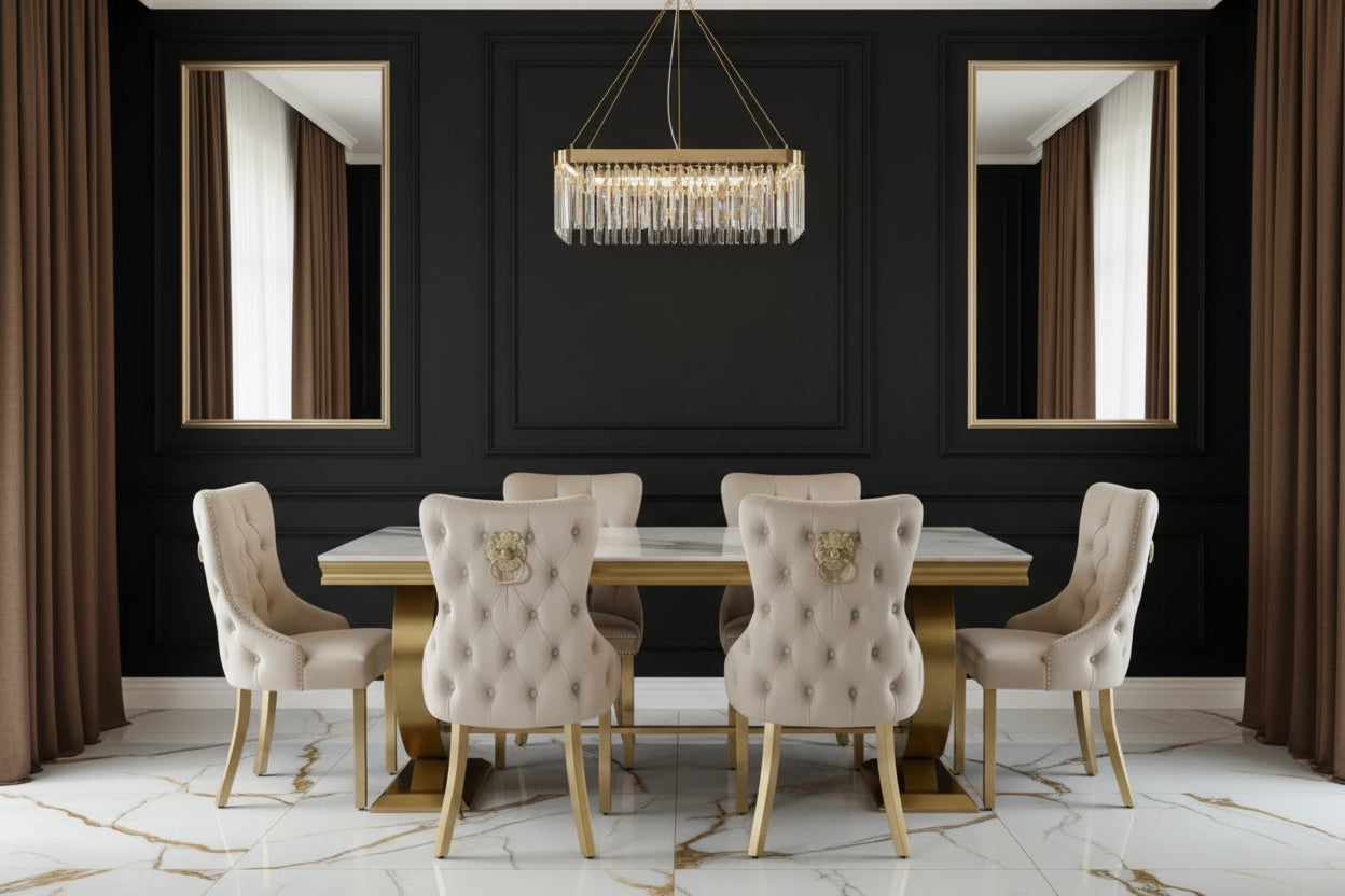 Arianna Marble & Gold Dining Table With Victoria Quilted Gold Lion Knocker Velvet Chairs