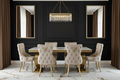 Arianna Marble & Gold Dining Table With Victoria Quilted Gold Lion Knocker Velvet Chairs