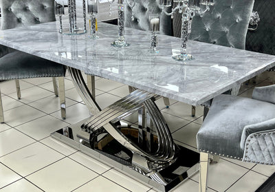 Elina Marble & Chrome Dining Table With Chrome Ring Knocker Velvet Chairs