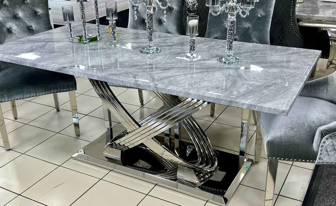 Elina 180cm Marble & Chrome Dining Table With Carlton Grey Velvet Chrome Chairs