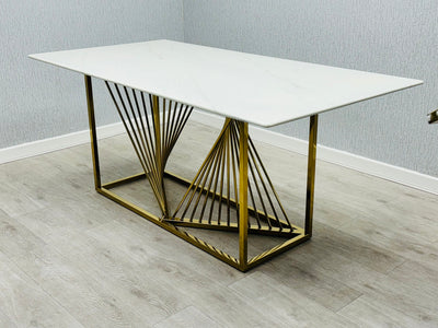 Ohio Gold White Marble 180cm Dining Table + Porto Cream/Gold Leathaire Fabric Dining Chairs