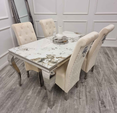 Louis Pandora Gold Marble & Chrome Dining Table With Lucy Slim Quilted Lion Knocker Velvet Chairs