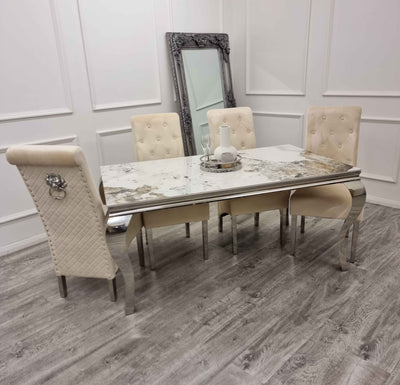 Louis Pandora Gold Marble & Chrome Dining Table With Lucy Slim Quilted Lion Knocker Velvet Chairs