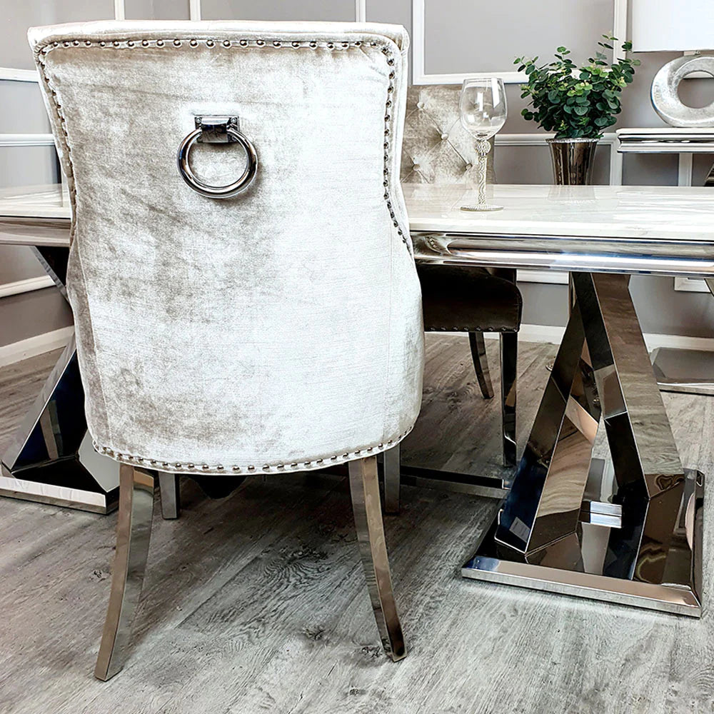 Arianna Marble & Chrome Dining Table With Chrome Ring Knocker Velvet Chairs