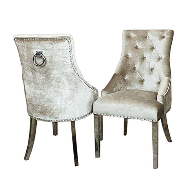 Arianna Marble & Chrome Dining Table With Chrome Ring Knocker Velvet Chairs
