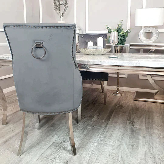 Venice 180cm Marble & Chrome Dining Table With Chrome Ring Knocker Velvet Chairs