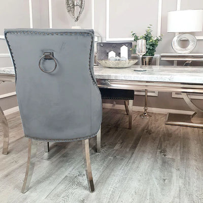 Arianna Marble & Chrome Dining Table With Chrome Ring Knocker Velvet Chairs