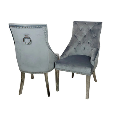 Louis Marble & Chrome Dining Table With Chrome Ring Knocker Velvet Chairs