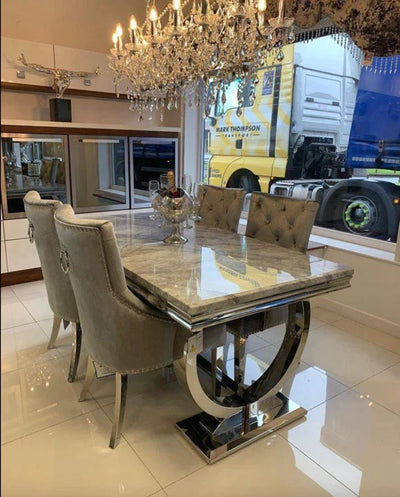 Arianna Marble & Chrome Dining Table With Chrome Ring Knocker Velvet Chairs
