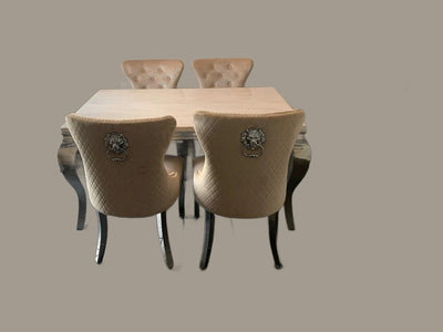 Louis Cream Marble & Chrome Dining Table With Mink Cream Quilted Lion Knocker Velvet Chairs