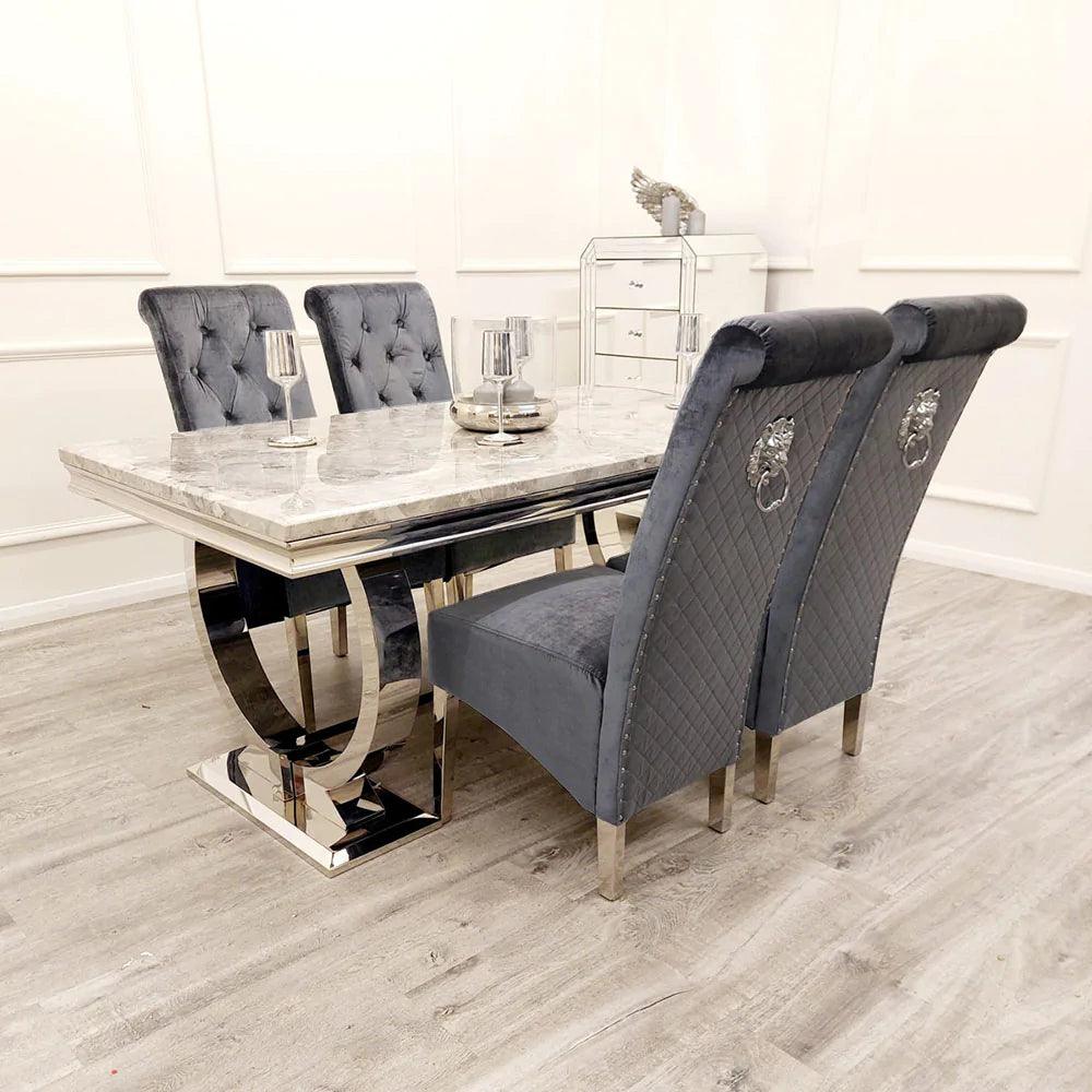 Arianna Marble & Chrome Dining Table With Lucy Slim Quilted Lion Knocker PU Leather Chairs