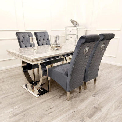 Arianna Marble & Chrome Dining Table With Lucy Slim Quilted Lion Knocker PU Leather Chairs