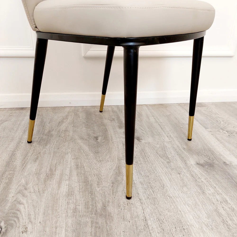 Nero 130cm Round Gold Dining Table with Pandora Gold Ceramic Marble Top + Etta Beige PU Leather Dining Chairs