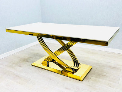 Elina 180cm Gold Dining Table With Lucy Gold Ring Velvet Chairs