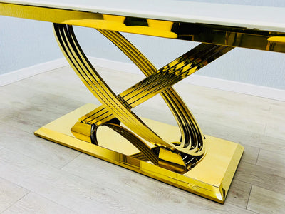 Elina 180cm Gold Dining Table With Lucy Gold Ring Velvet Chairs