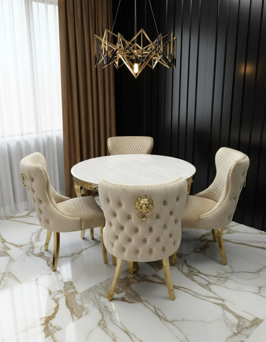 Louis Gold Round Marble 110cm Dining Table With Valentino Gold Lion Knocker Velvet Dining Chairs