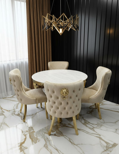 Louis Gold Round Marble 110cm Dining Table With Valentino Gold Lion Knocker Velvet Dining Chairs