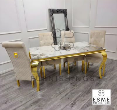 Louis Pandora Gold Marble Dining Table With Lucy Slim Quilted Gold Ring Knocker Velvet Chairs
