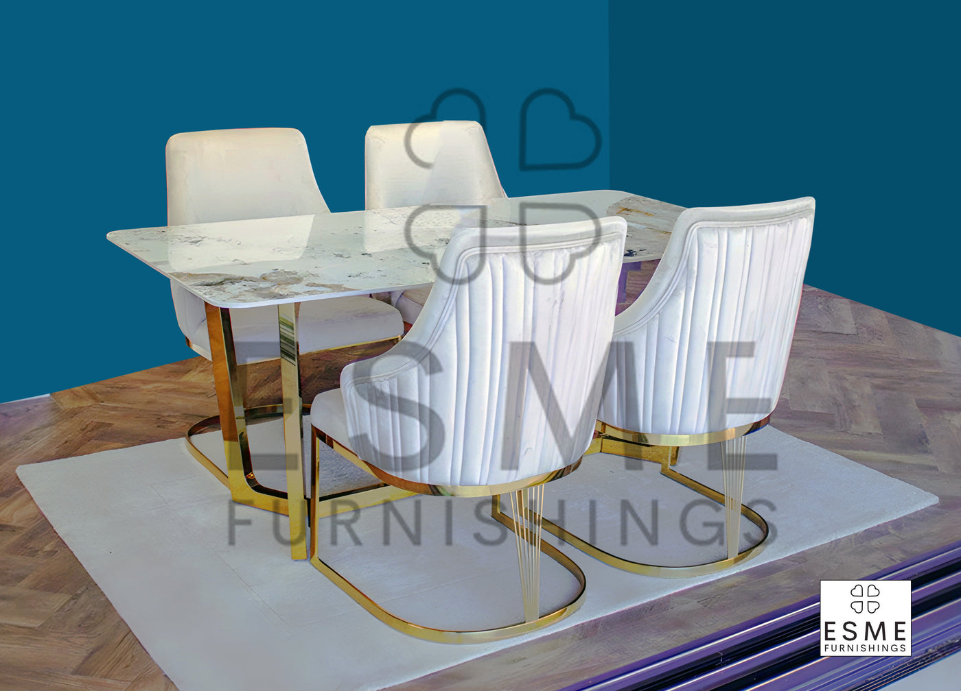 Lucien 180cm Gold Dining Table With Carlton Cream/Gold Velvet Dining Chairs
