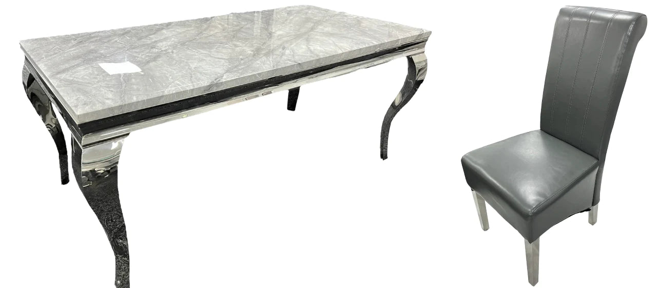 Louis Marble & Chrome Dining Table With Lucy Slim PU Leather Chairs