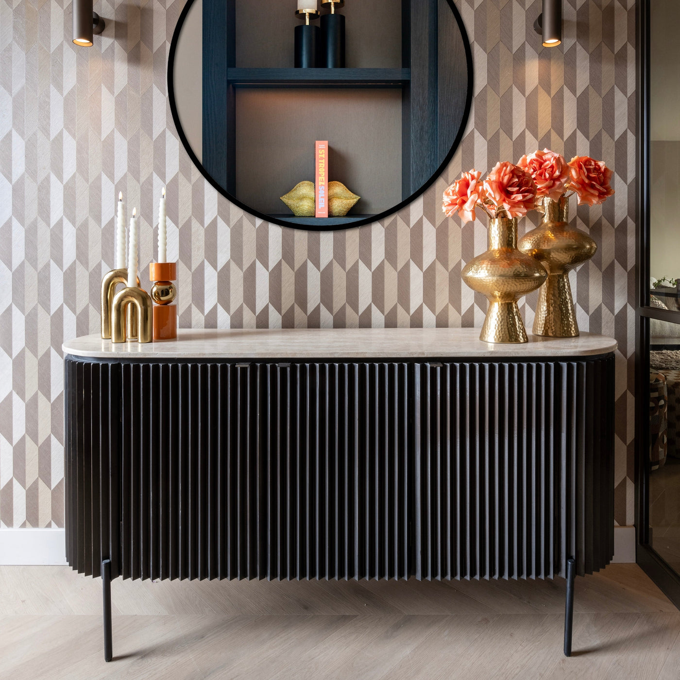 Richmond Interiors Hampton Black Wood & Beige Travertine Sideboard