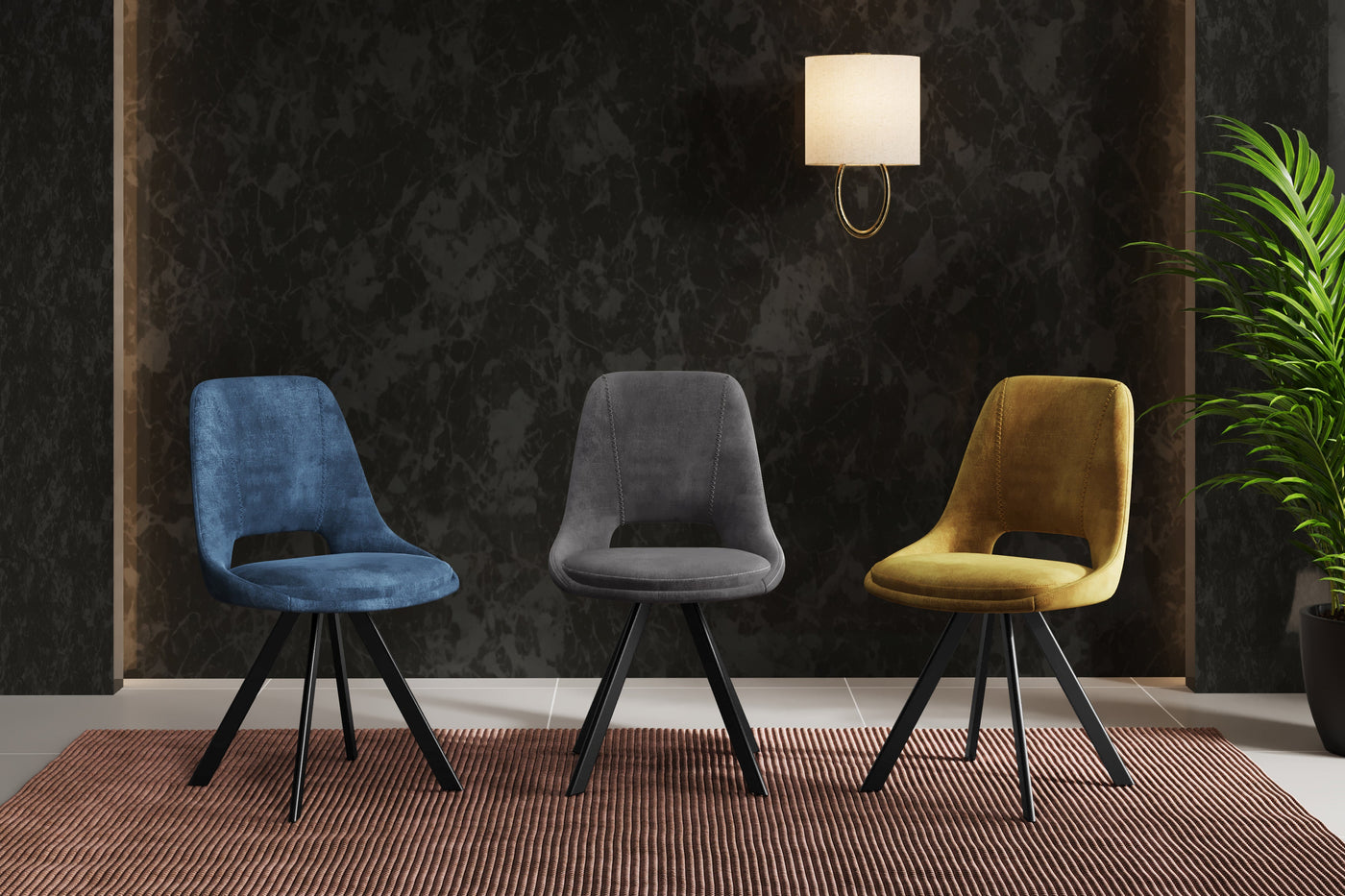 Leon Velvet Swivel Dining Chairs With Black Metal Legs - Pairs - 3 Colours