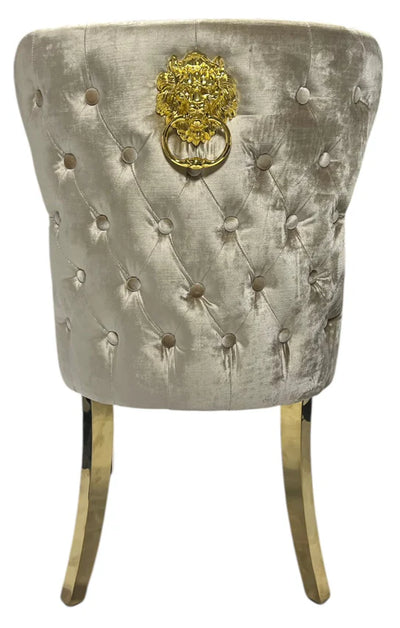 Arianna Marble & Gold Dining Table With Valente Gold Lion Knocker Velvet Chairs