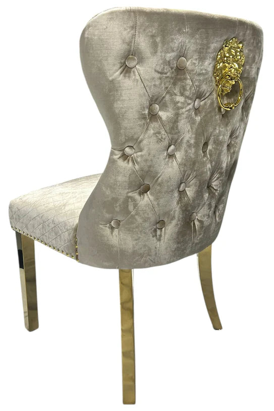 Arianna Marble & Gold Dining Table With Valente Gold Lion Knocker Velvet Chairs