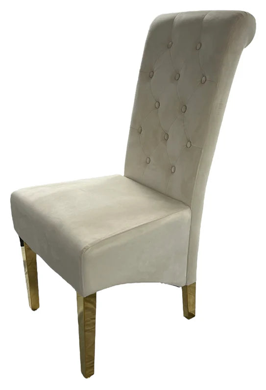 Chelsea Gold Round 130cm Marble Dining Table With Lucy Quilted Gold Ring Knocker Velvet Chairs