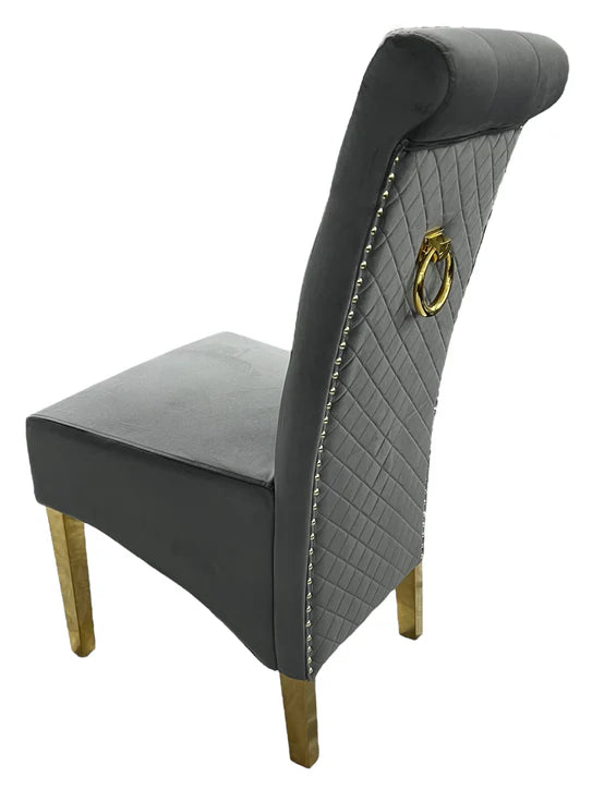 Louis Marble & Gold Dining Table With Lucy Quilted Gold Ring Knocker Velvet Chairs