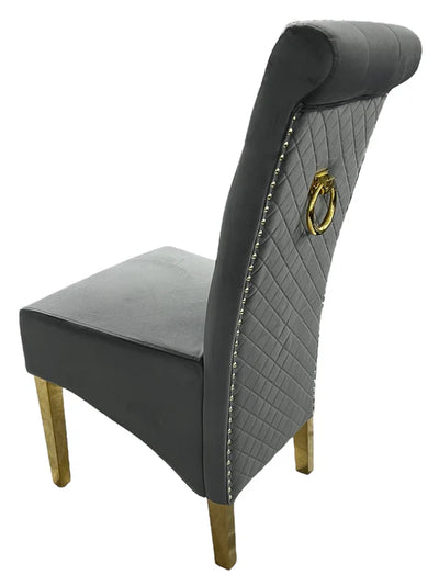 Louis Marble & Gold Dining Table With Lucy Quilted Gold Ring Knocker Velvet Chairs