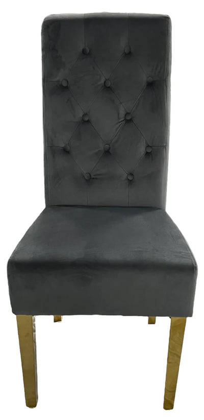 Lucy Gold Ring Knocker Quilted Slim Back Gold Plush Velvet Dining Chair Gold Legs In 3 Colours