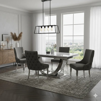 Arial 180cm Marble & Chrome Dining Table With Kensington Grey Button Dining Chairs