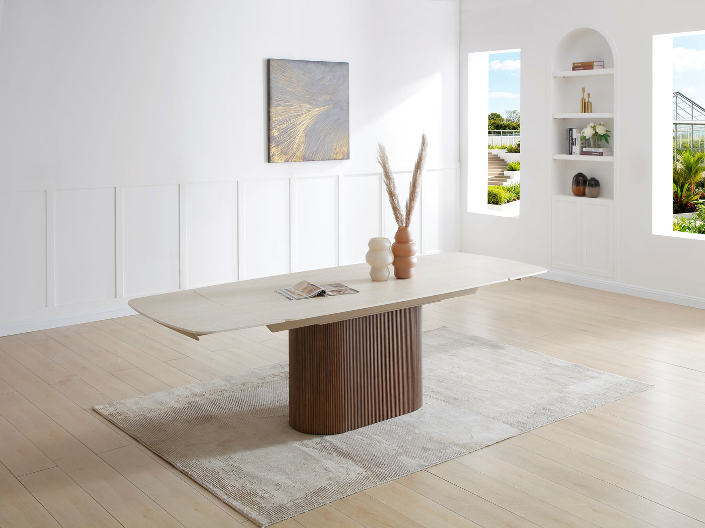 Ginevra 180-260cm Italian Walnut & White Travertine Ceramic Marble Side Extending Dining Table