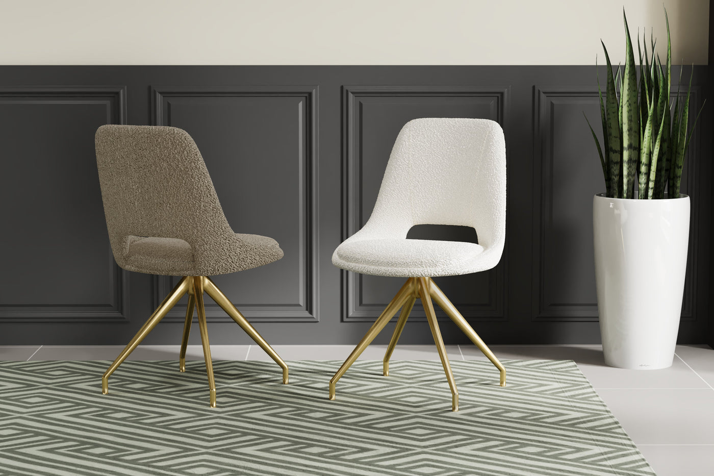 Leon Boucle Fabric Swivel Dining Chairs With Gold Metal Legs - Pairs - 2 Colours